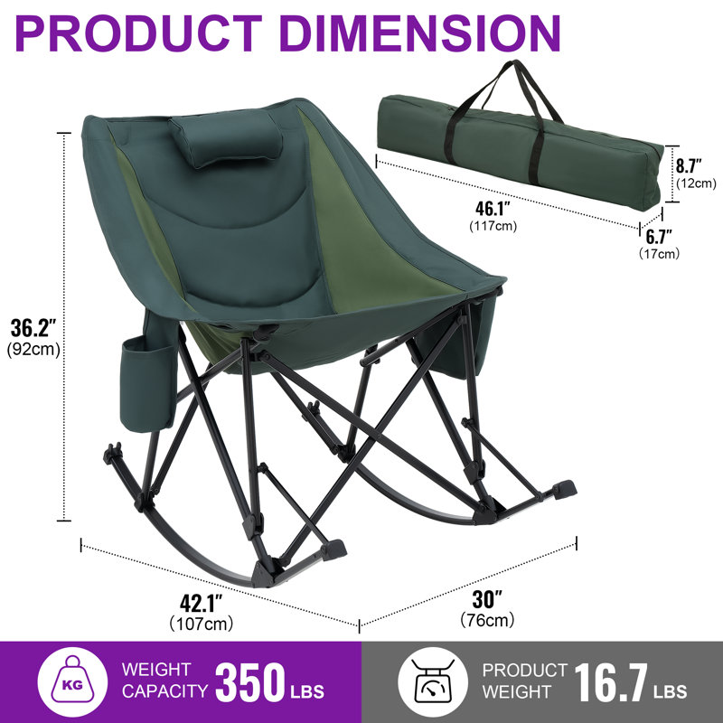 Chaise berçante de camping surdimensionnée avec coussin, Temmo pliant portable pour adultes, support 350 lb, Vert