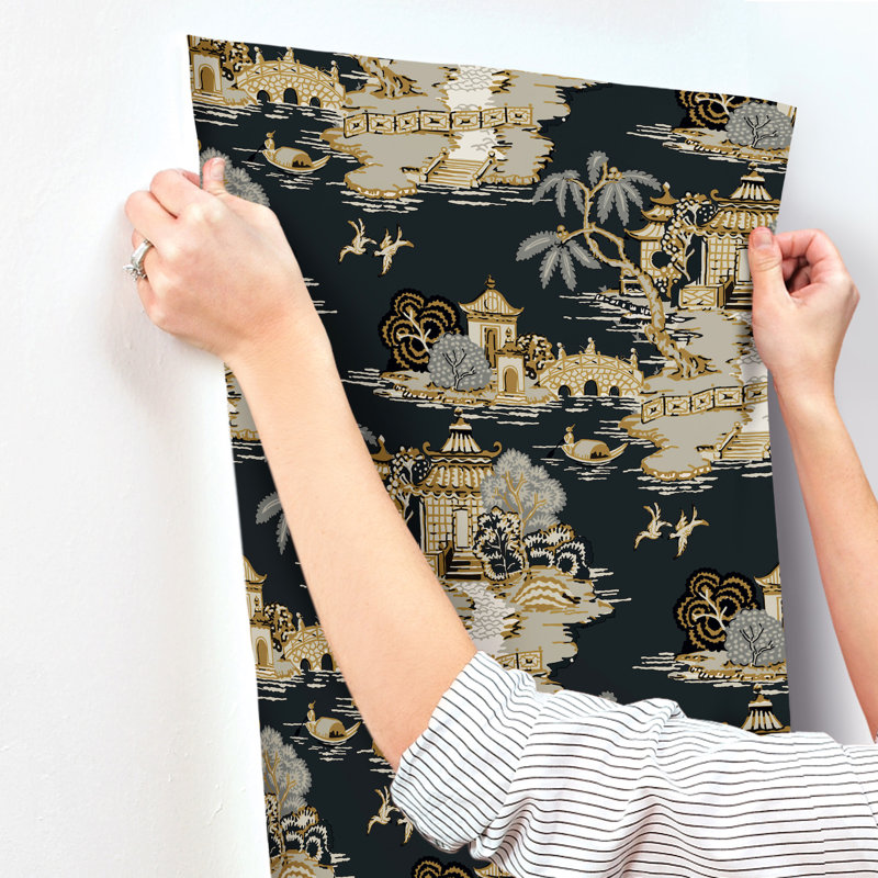 Pagoda And Sampan Scenic Vinyl Wallpaper Roll, Black