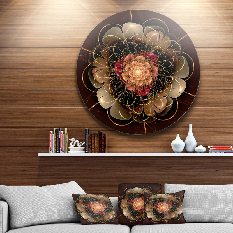 «Dark Gold Red Fractal Flower Motif», reproduction d'impression sur métal, H 38 po x l 38 po x P 1 po