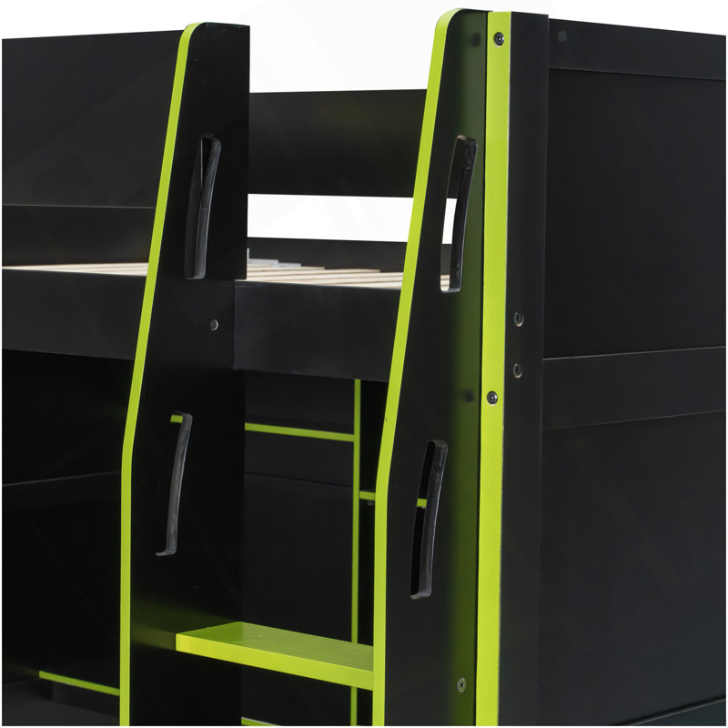 Lit mezzanine en bois pleine grandeur avec bureau, garde-robe ouverte, compartiments de rangement et lumières RVB, vert