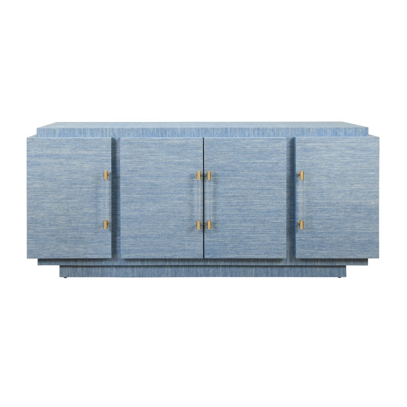 Four Door Wrap Around Modern Buffet With Brass Fluted Handles In Dyed Blue Grasscloth