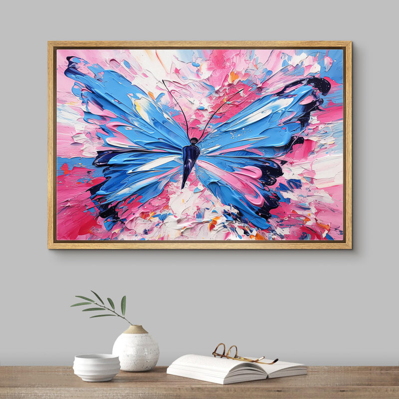 «Pink and Blue Butterfly Strokes Rustic», reproduction sur toile, H 24 po x l 36 po x P 1,5 po, Naturel
