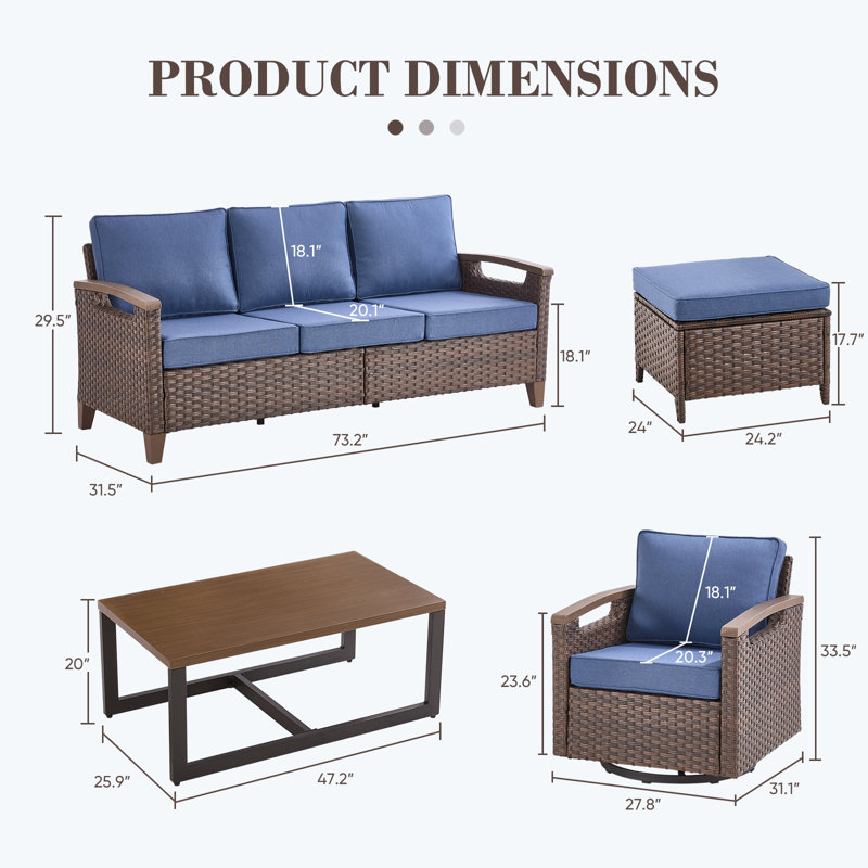 Arundel 6-Pieces Outdoor Patio Wicker Furniture Conversation Set With Coffee Table, Blue