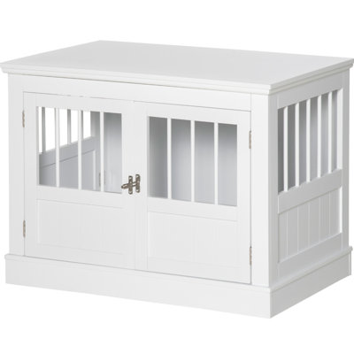 White Dog Crate Side Table Element. For Small Dogs, With Spacious Tabletop, Triple Doors, Magnetic Clamping Part, Steel Frame Furniture Piece. Features Table, Coupling Piece, Build