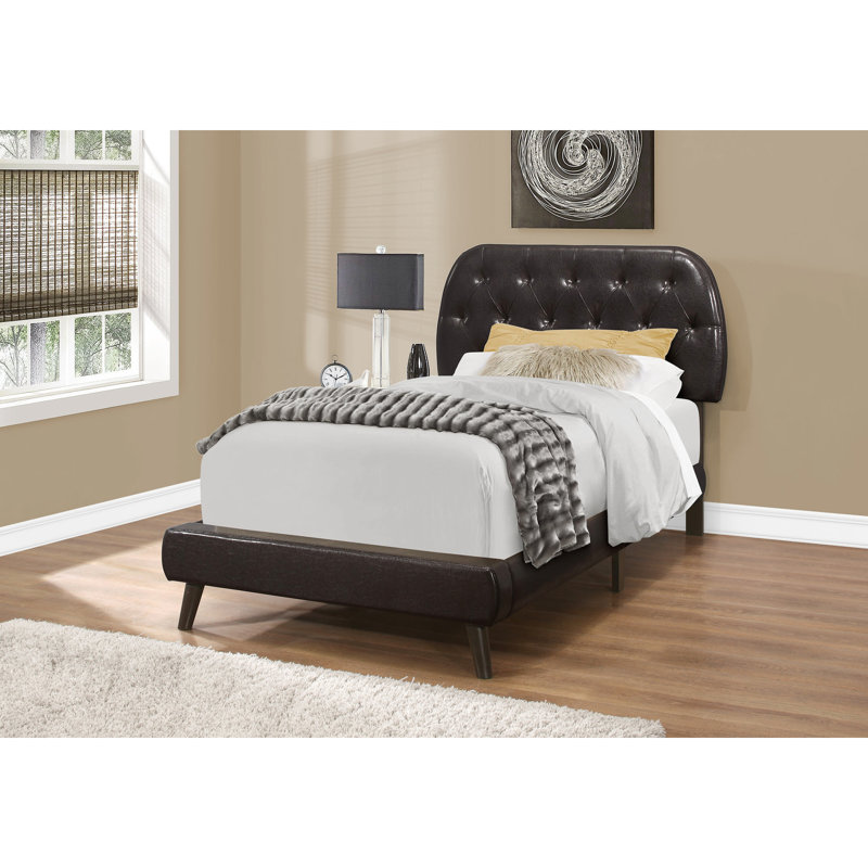Upholstered Teen Twin Bed: Brown Leather Look With Wood Infrastructure Bed Fashionable Appearance And Legs