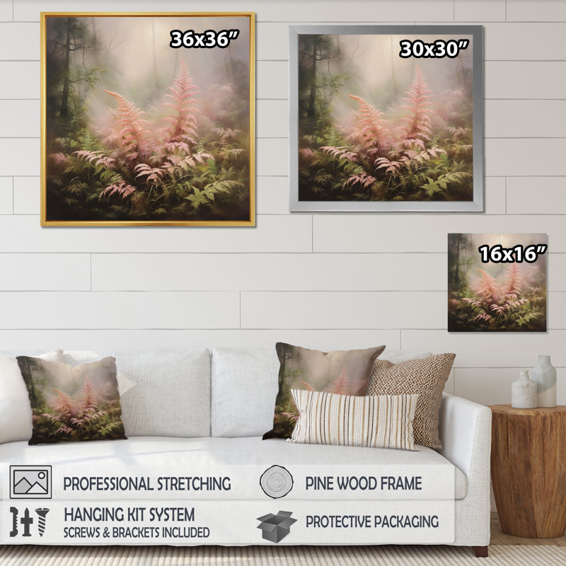 Impression romantique de fougères roses III - impression, H 24 po x l 24 po x P 1 po, Cadre simple blanc