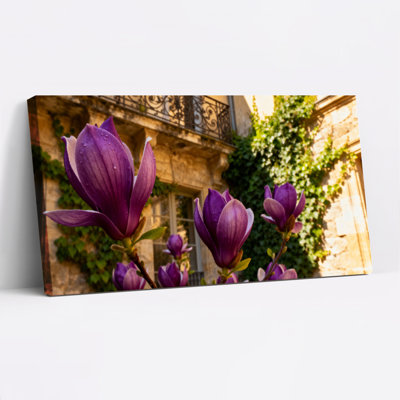 «Magnolia Flowers and Stone Building», reproduction d'art sur toile tendue sur toile, ensemble de 1