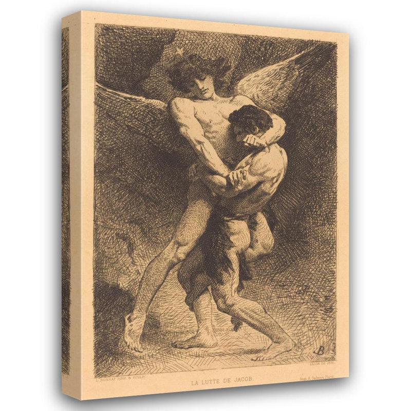 "La Lutte De Jacob" par Léon Bonnat - Toile tendue avec châssis, H 24 po x l 17 po