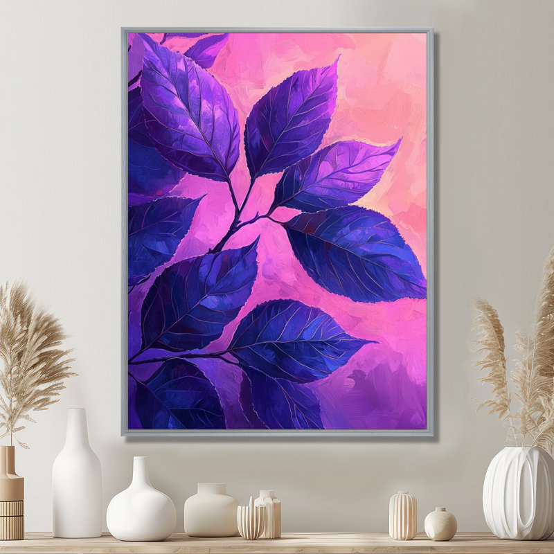Plum Leaves Evening Collage III - feuilles, art mural, H 20 po x l 12 po, Impression encadrée, Argent argent
