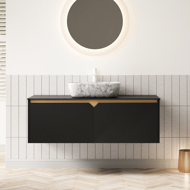 48.9-Inch Bathroom Vanity & Sink Choice, Plywood Storage Unit, Marble Pattern Ceramic Vessel, Black Sintered Stone Surface Treatment, Twill Double Doors With Metal Accoutrements 48" Constitution,