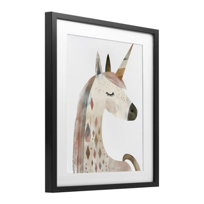 Neutral Unicorn with Shapes Framed Print Under Glass, design by Creative Studio