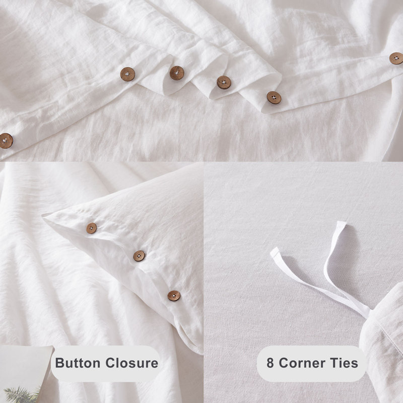 TOSMO 100% Linen Duvet Cover Set with Button Closure,Soft Breathable Durable Farmhouse Bedding, White