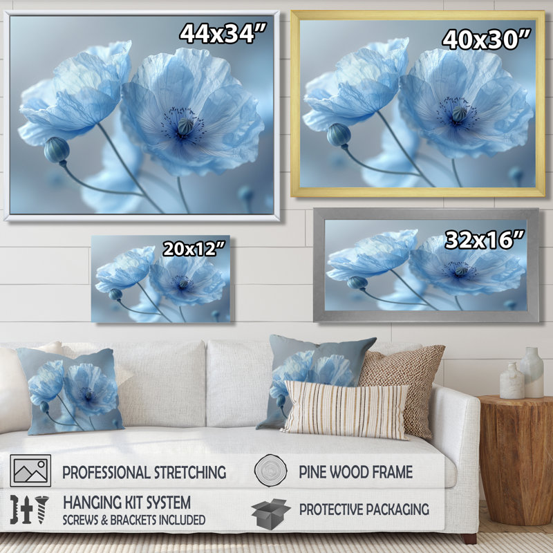 Bleu et gris beauté éthérée coquelicots I - coquelicots décoration murale, Toile avec cadre flottant brun