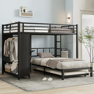 Full Over Twin Bunk Bed With Built-In Wardrobe, Metal Trundle, Foldable Desk, Ladders, And Noise-Reduced Design For Maximum Space Efficiency