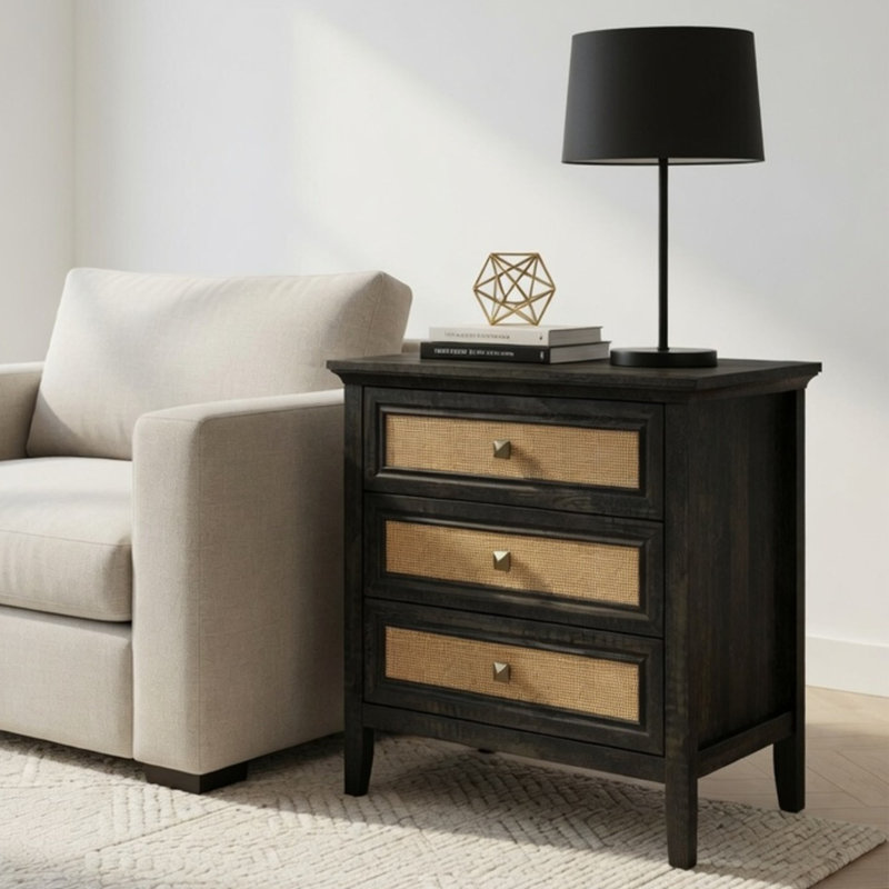 Table de chevet 29,5 po à 3 tiroirs, table de bout en bois avec rangement Boho