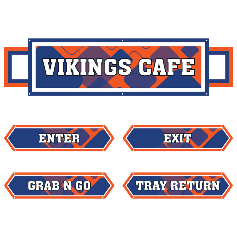 AmTab - Serving-Décor-S03-N-EC - Serving Area Signage (5 pieces) - Style 3 - Vikings
Café Sign: 24"W x 72"L
Enter Sign:  8.5"W x 36"L
Exit Sign:  8.5"W x 36"L
Grab N Go Sign:  8.5"W x 36"L
Tray Return Sign:  8.5"W x 36"L
