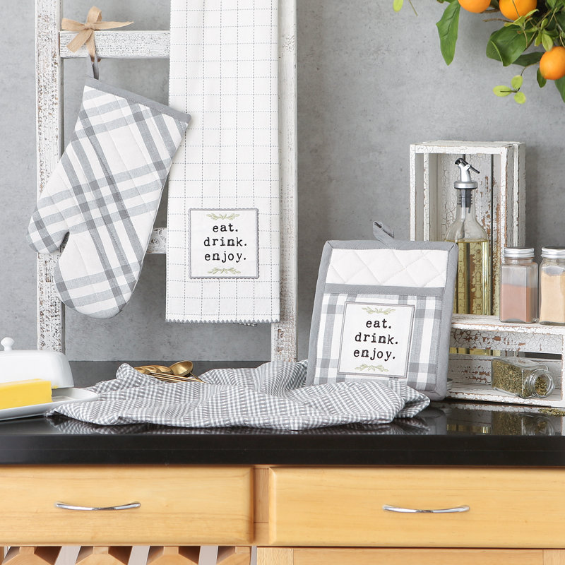 French Blue Cotton Plaid Kitchen Towel and Mitt Set