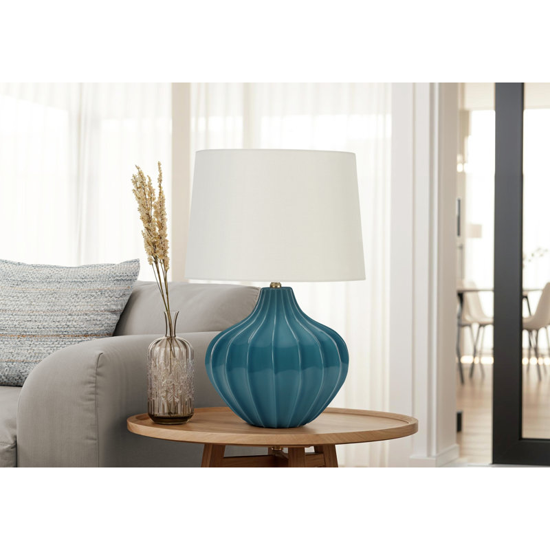 Table Lamp, 24 Inch Blue Ceramic Silhouette Body, Ivory Drum Shade