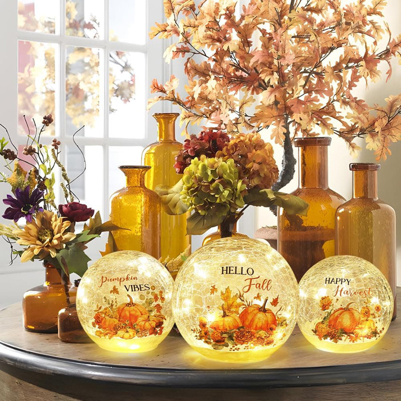 Set of 3 Crackle Glass Ball with LED Lights for Fall Table Decor with Timer