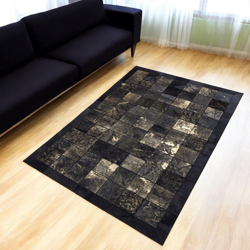 Tapis patchwork en cuir de vache doré et noir, tapis de salon moderne, Rectangle 12 pi x 8 pi 10 po