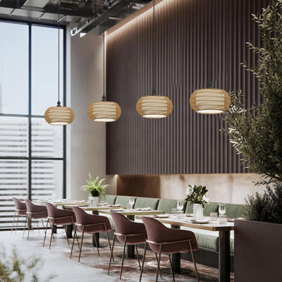 Handwoven Rattan Pendant Light Chandelier With 3-Light Adjustable Height, Modern Farmhouse Boho Lighting For Kitchen Island Dining Room