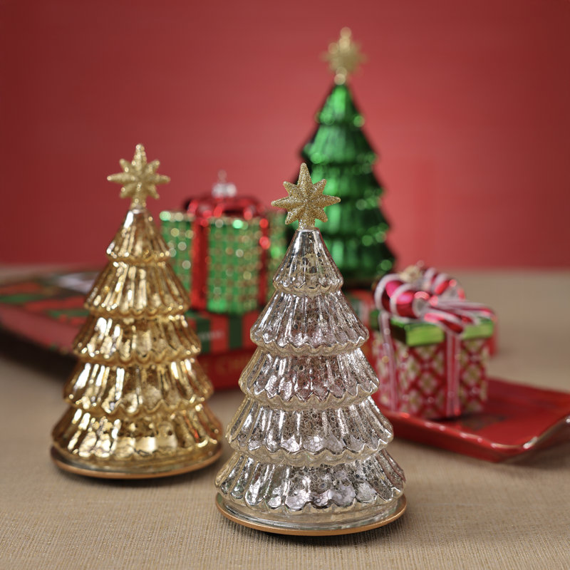 Sapins de table en verre superposé à plusieurs couches avec lumières DEL scintillantes, ensemble de 2, Argent