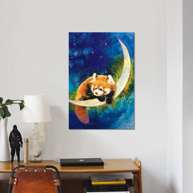 « red panda moon », peinture sur toile tendue, H 26 po x l 18 po x P 1,5 po, Pas de tapis, Toile tendue