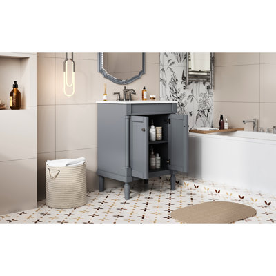 Meuble-lavabo moderne de 24 po, lavabo en céramique brillante, poignées en métal exquis, rangement rétro, planches de rangement