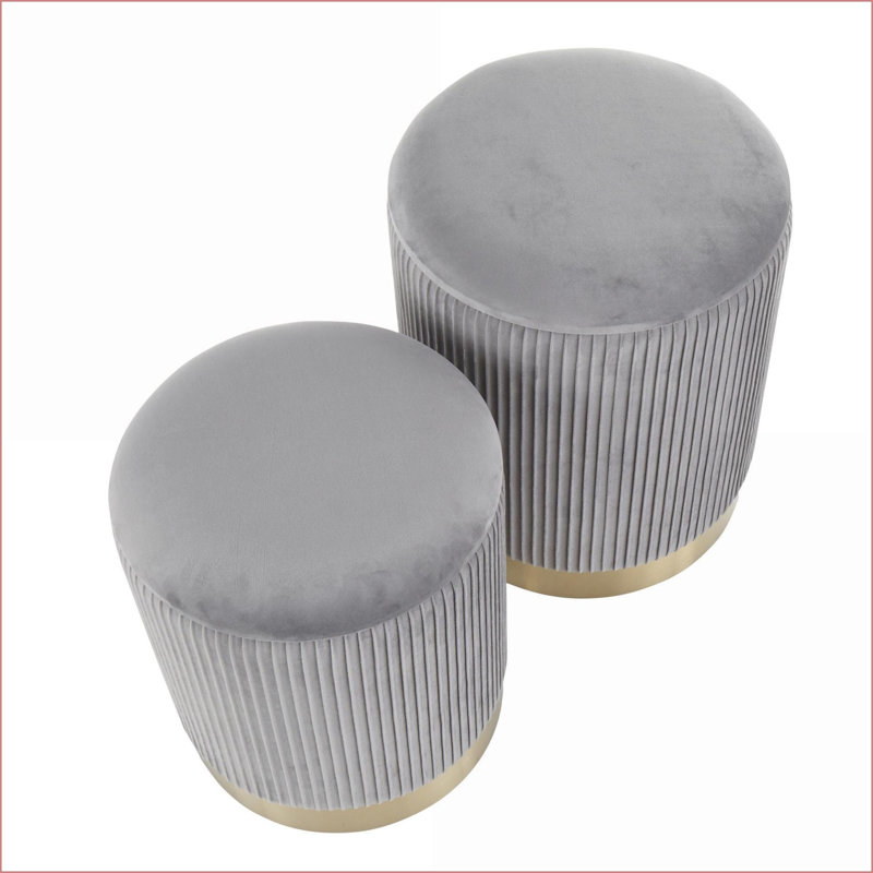 Ottoman Set, Contemporary Nesting Pleated Gray Velvet with Gold Metal Base &amp; Removable Lid | Gold | Metal, Gray