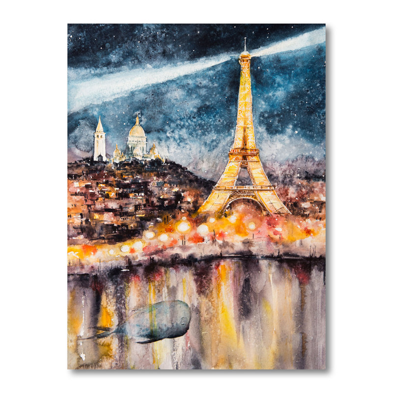 «Paris At Night with Bright Shining Eiffel Tower», reproduction sur toile, H 12 po x l 8 po x P 1 po, Toile tendue