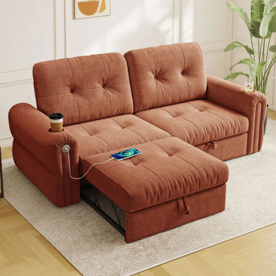 Canapé-lit 75 po grand format, canapé-lit convertible en L 3 en 1 avec dossier réglable et tissu chenille et porte-gobelets et ports USB
