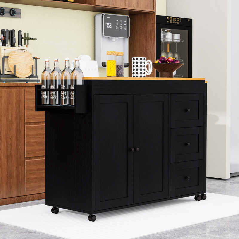 Rolling Kitchen Island Cart with Extendable Table, 3 Drawers, Storage Cabinet and Power Outlet, Black