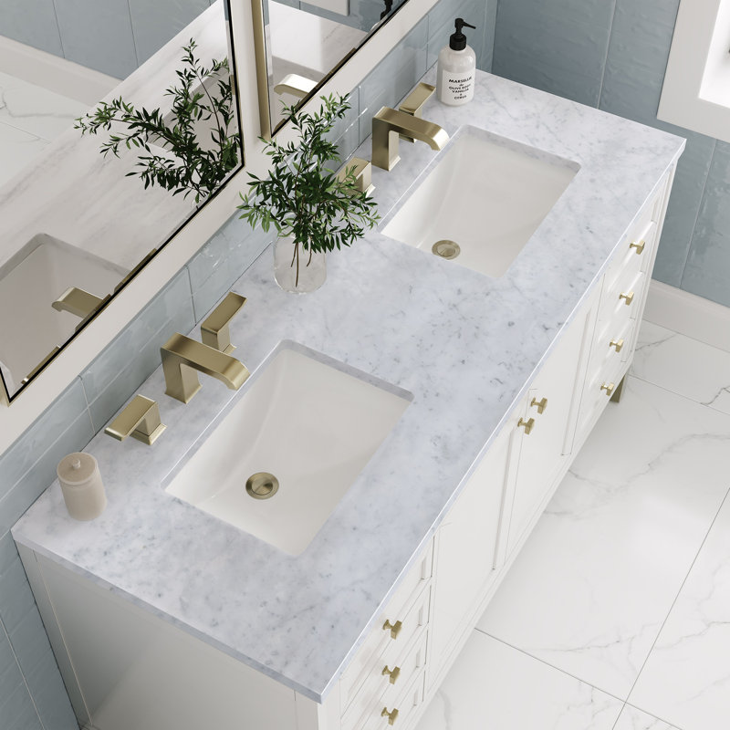 Chicago 60'' W Double Vanity, 8" Widespread, Eternal Jasmine Pearl, Glossy White