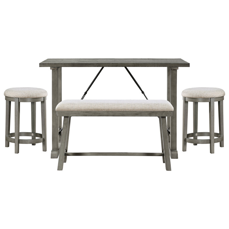 Table de salle à manger à hauteur de comptoir 4 pièces pour salle à manger - table en placage gris, banc et 2 tabourets, tabourets industriels rembourrés en tissu texturé avec rembourrage en mousse à 100%