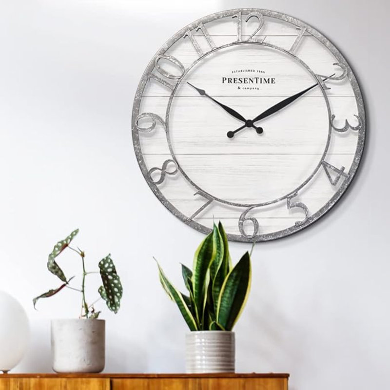Presentime & Co 21" Farmhouse Series Wall Clock, Shiplap Style, Raised 3D Arabic Numeral, Galvanized Finish. Wall Décor For Living Room, Dining Room, And Entryway.