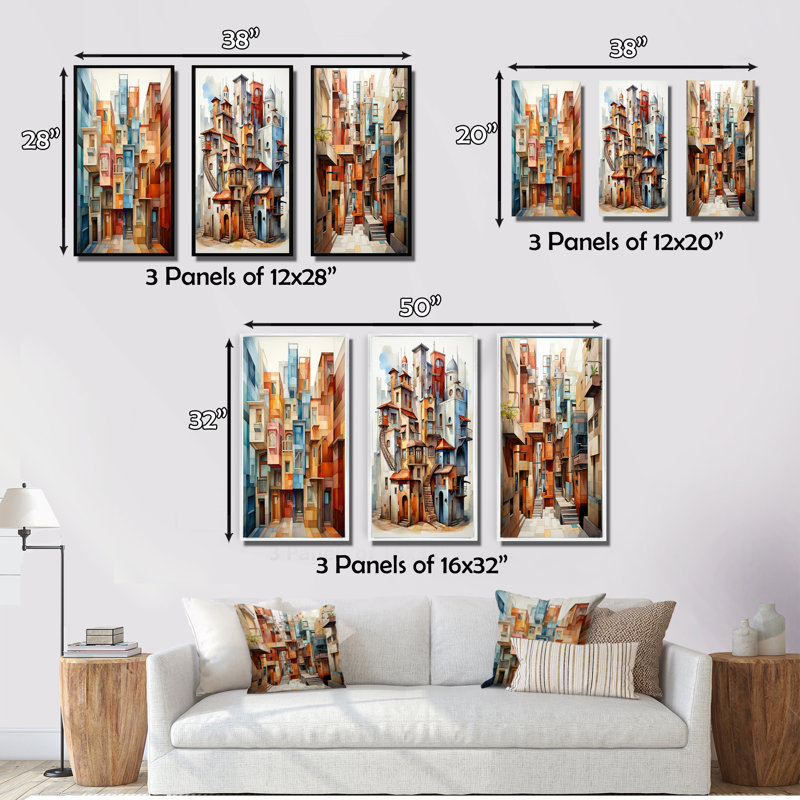 «Cubism Art Multidimensional», 3 pièces sur toile, H 32 po x l 48 po, Encadrement doré