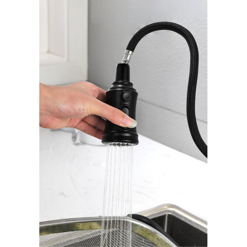 Stainless Steel Pull Down Kitchen Faucet In Matte Black, Single Handle, 360 Rotatable Nozzle, 3 Water Output Settings, Practical Design Black With , Steel, Level, Modes, Smooth Flow