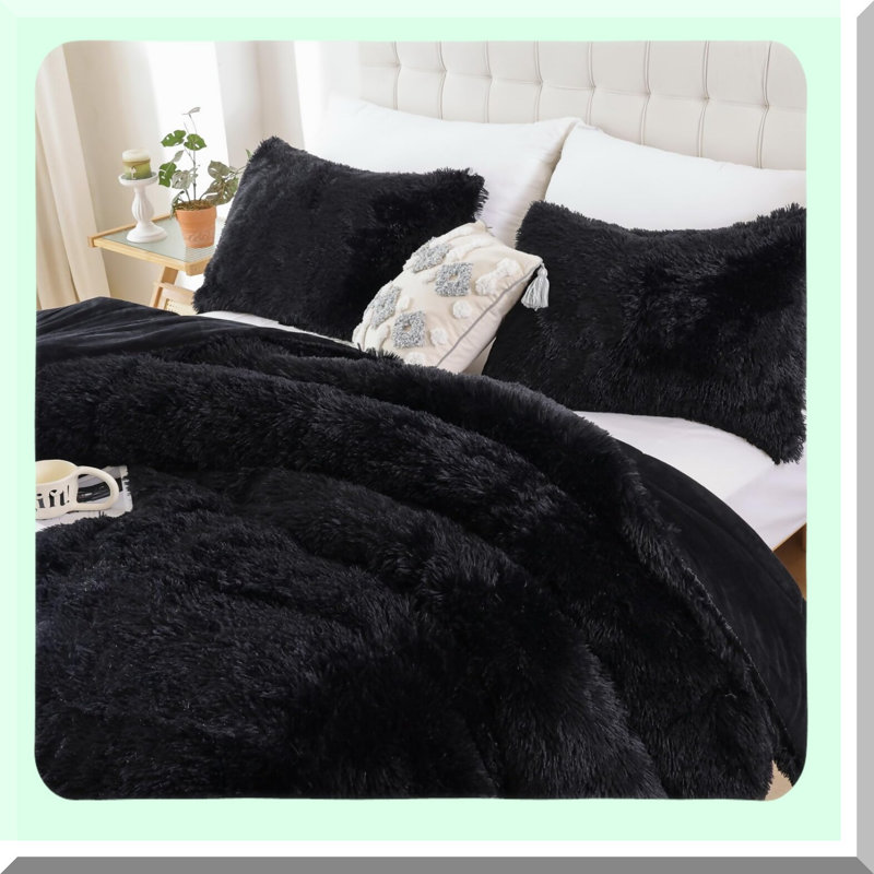 Plush Black Velvet Queen Comforter Set - Fluffy Fuzzy Double-Sided Bedding with Soft Shaggy Texture - 3 Piece Set with 1 Comforter and 2 Pillowcases