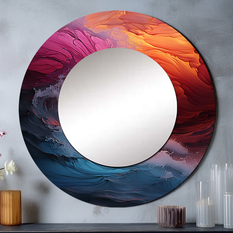 Coral Wave Colorful Wonder - miroir unique bord de mer, grand miroir mural rond corail, impression d'art en métal