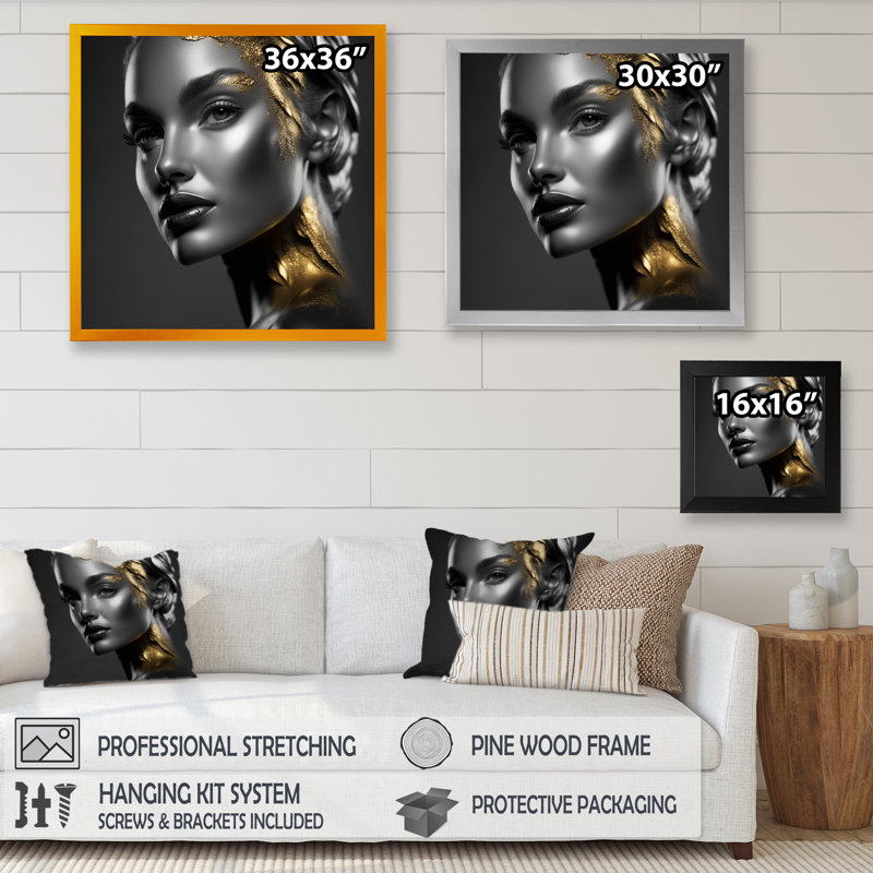 Exquise beauté en noir et or II - reproduction sur toile, H 30 po x l 30 po x P 1 po, Impression noire sur toile encadrée
