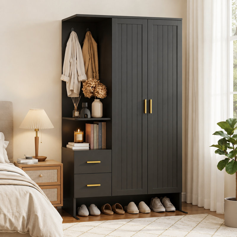 Armoire-penderie autoportante de 35,8 po de largeur avec 2 tiroirs, 2 portes et rangement latéral ouvert, armoire de rangement pour vêtements de chambre à coucher