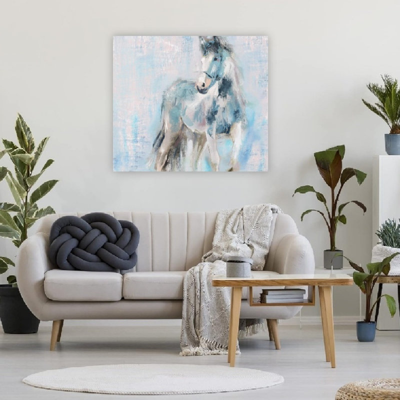 «Horse Walk Blue-Pink», art mural sans cadre, 48 x 32