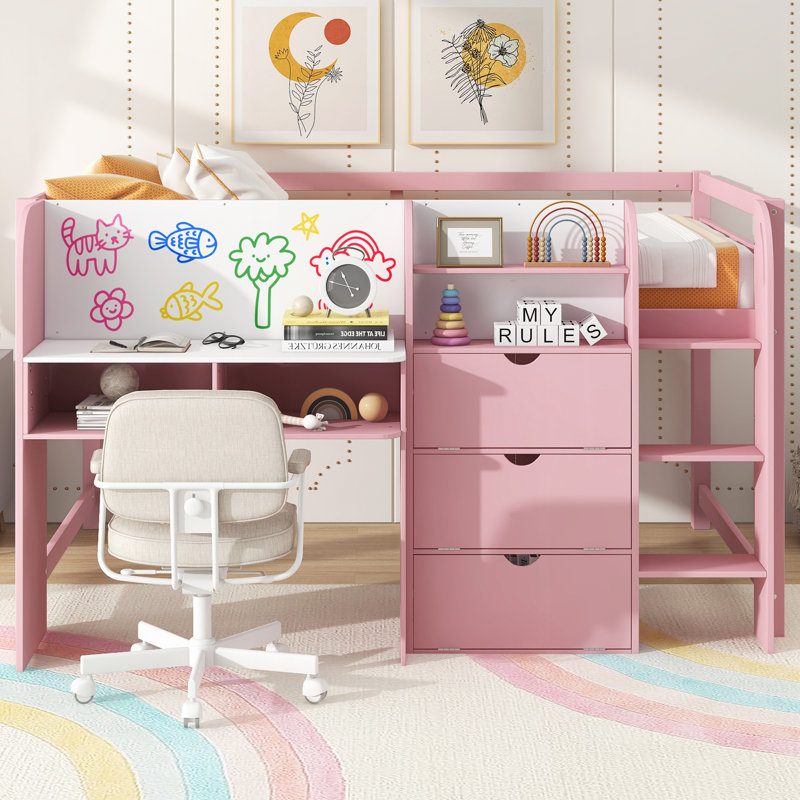 Lit mezzanine bas avec bureau intégré, Rose