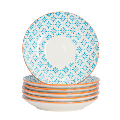 Nicola Spring Hand-Printed Cappuccino Saucers - 14.5cm - Blue - Pack of 6