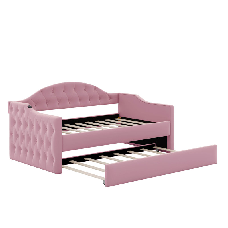 Twin Tufted Velvet Upholstered Daybed With Trundle, Pink