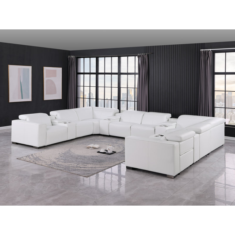 Glendale Luxurious 12-Piece U-Sectional In Genuine Leather With 4 Power Recliners And Power Headrests, White