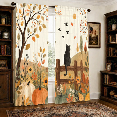 2Pcs Cute Black Cat on Fence with Pumpkins and Autumn Leaves Print Curtains, Light Filtering Fabric, Vintage Fall Scene, Rod Pocket Design for Living Room, Bedroom, Balcony, Kitchen Home Decor