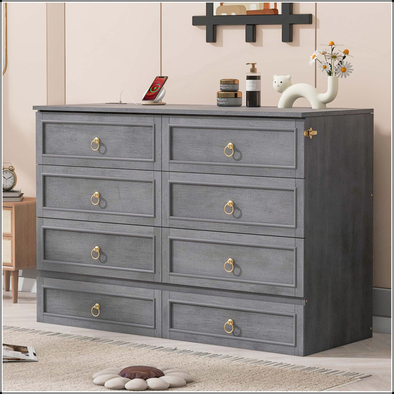 Grand lit escamotable avec grands tiroirs, gris