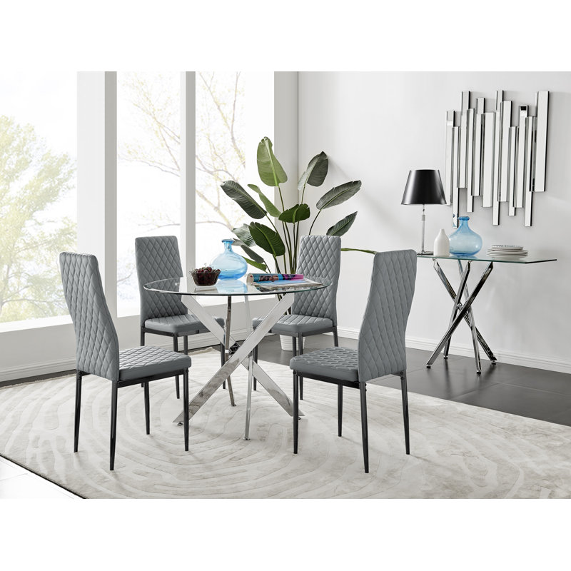 Tierra Modern Metal & Glass Round Dining Table Set with 4 Quilted Faux Leather Chairs, Grey/Black