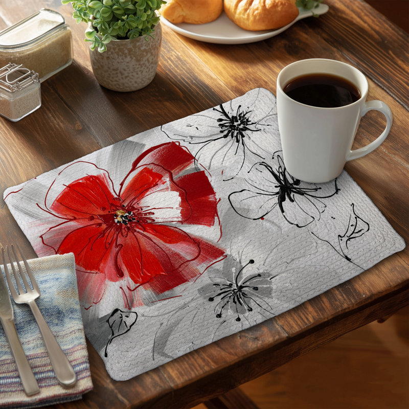 Ensemble de 4 napperons en polyester tressé - décor floral rouge et gris